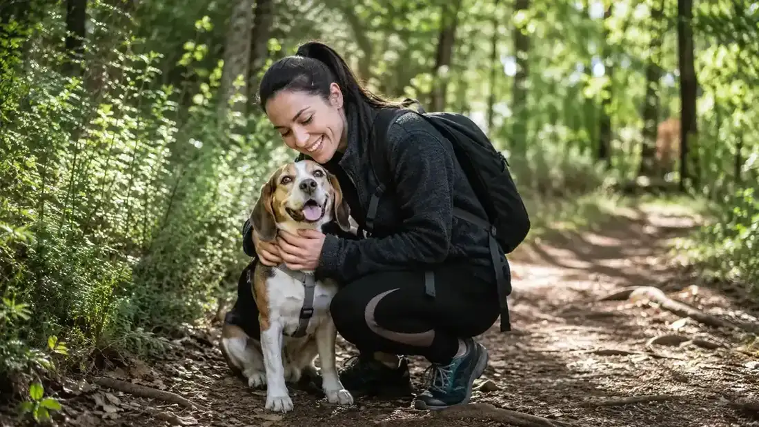 Dog and owner reuniting on a trail after the owner used a GPS tracker to locate the dog