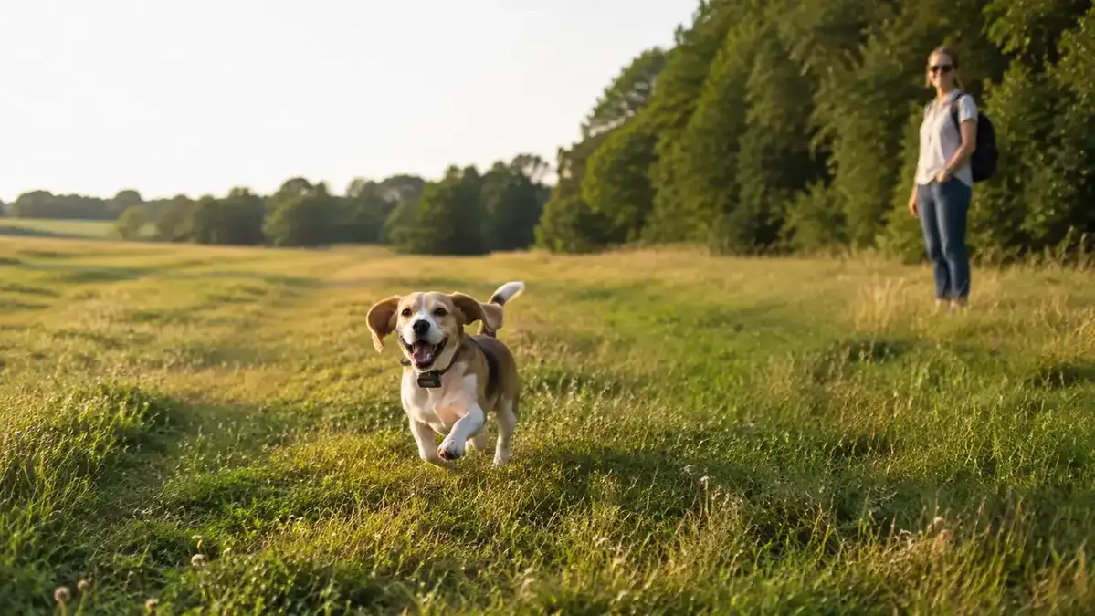 Beagle running through an open field with a small GPS tracker clipped to her collar, owner watching from a distance