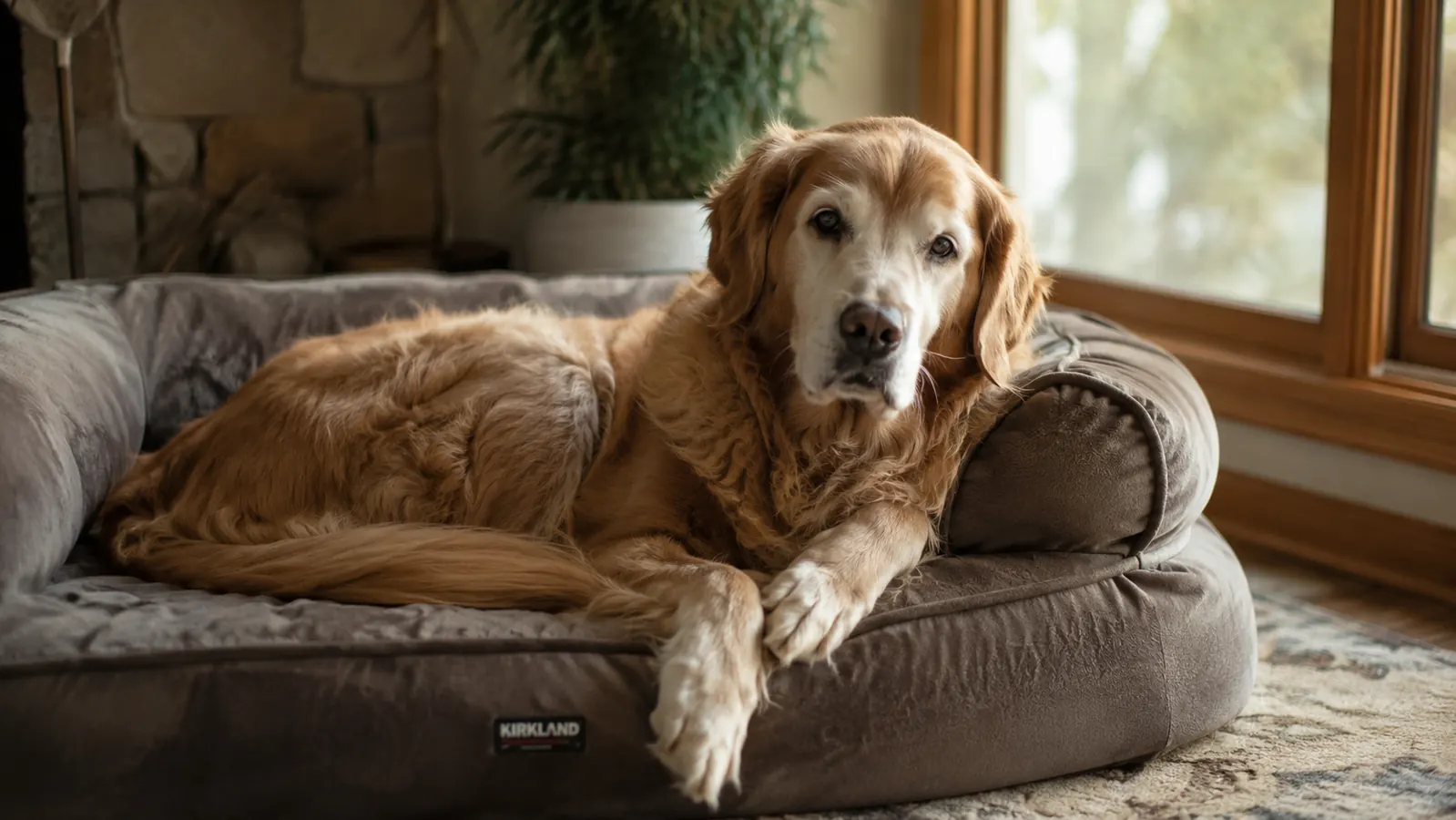 Senior golden retriever resting peacefully on a thick orthopedic dog bed in a sunny living room