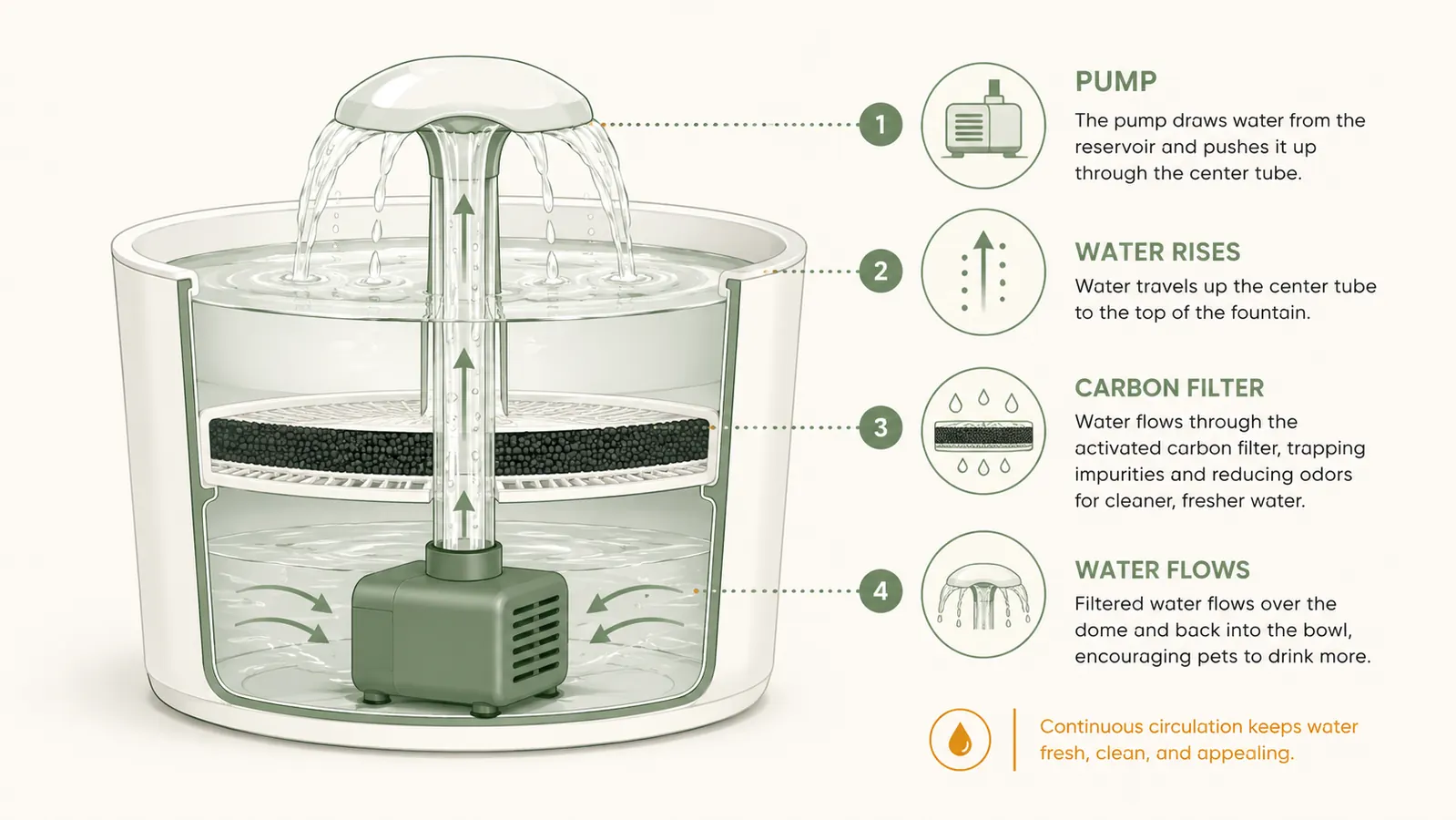 Diagram showing water flow path inside a recirculating pet fountain with a carbon filter