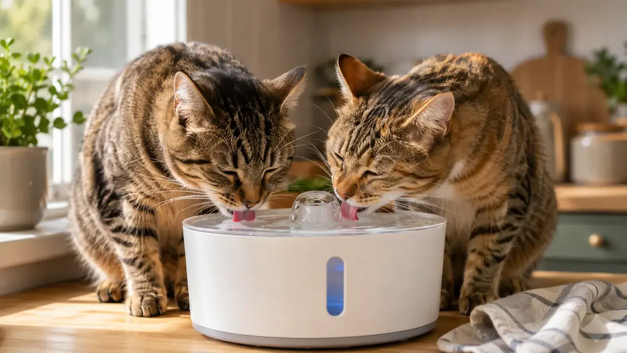 Two cats drinking from a white pet water fountain on a kitchen counter with soft natural light