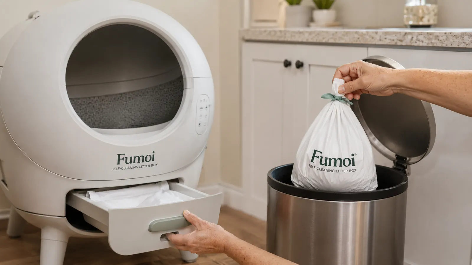 Close-up of the Fumoi self-cleaning litter box drawer being emptied into a waste bin