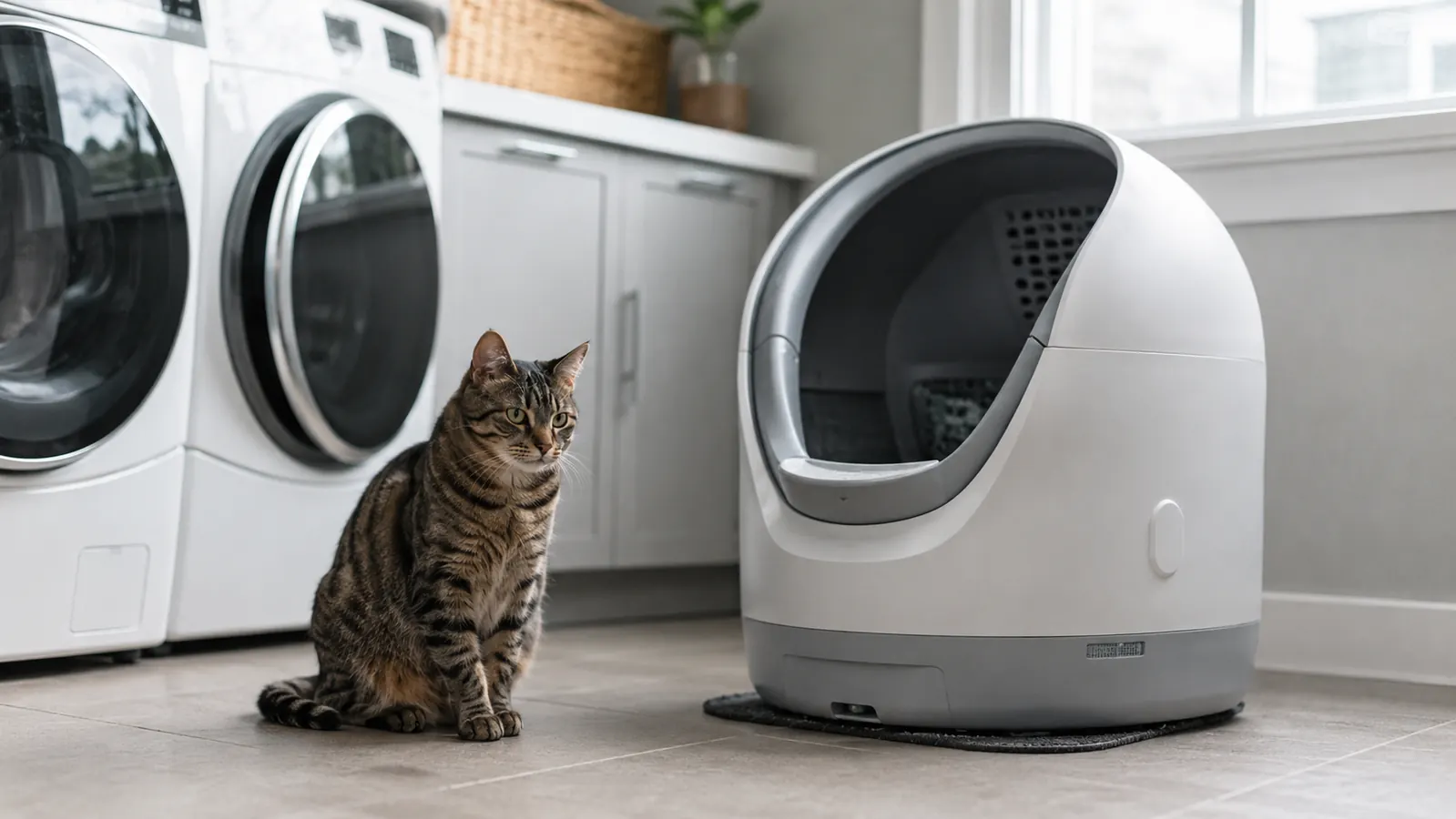 Modern self-cleaning litter box in a bright laundry room with a tabby cat nearby