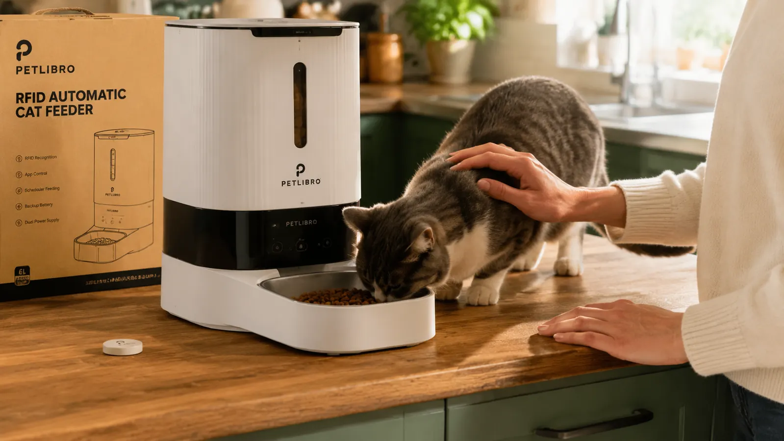 PETLIBRO RFID automatic cat feeder with collar sensor tag resting beside it on a wooden countertop