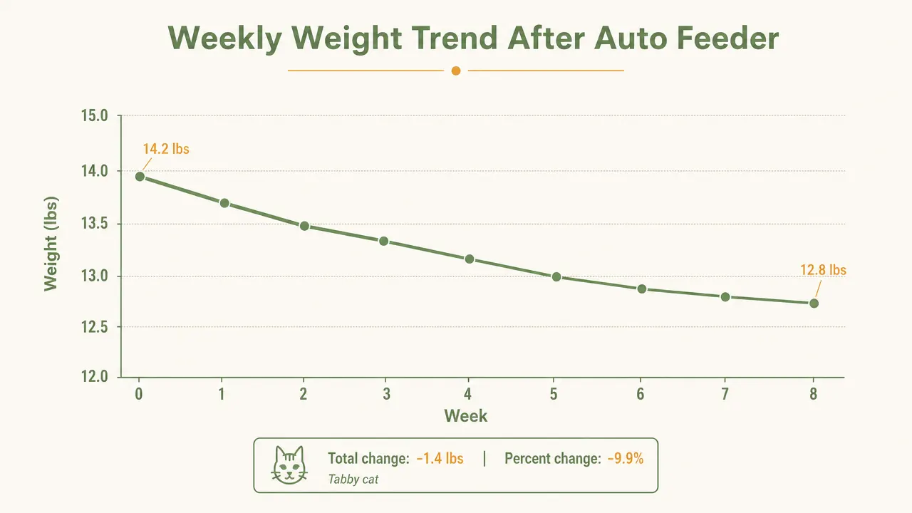 Chart showing a cat's weekly weight trend over 8 weeks after switching to a timed feeder, steady downward slope
