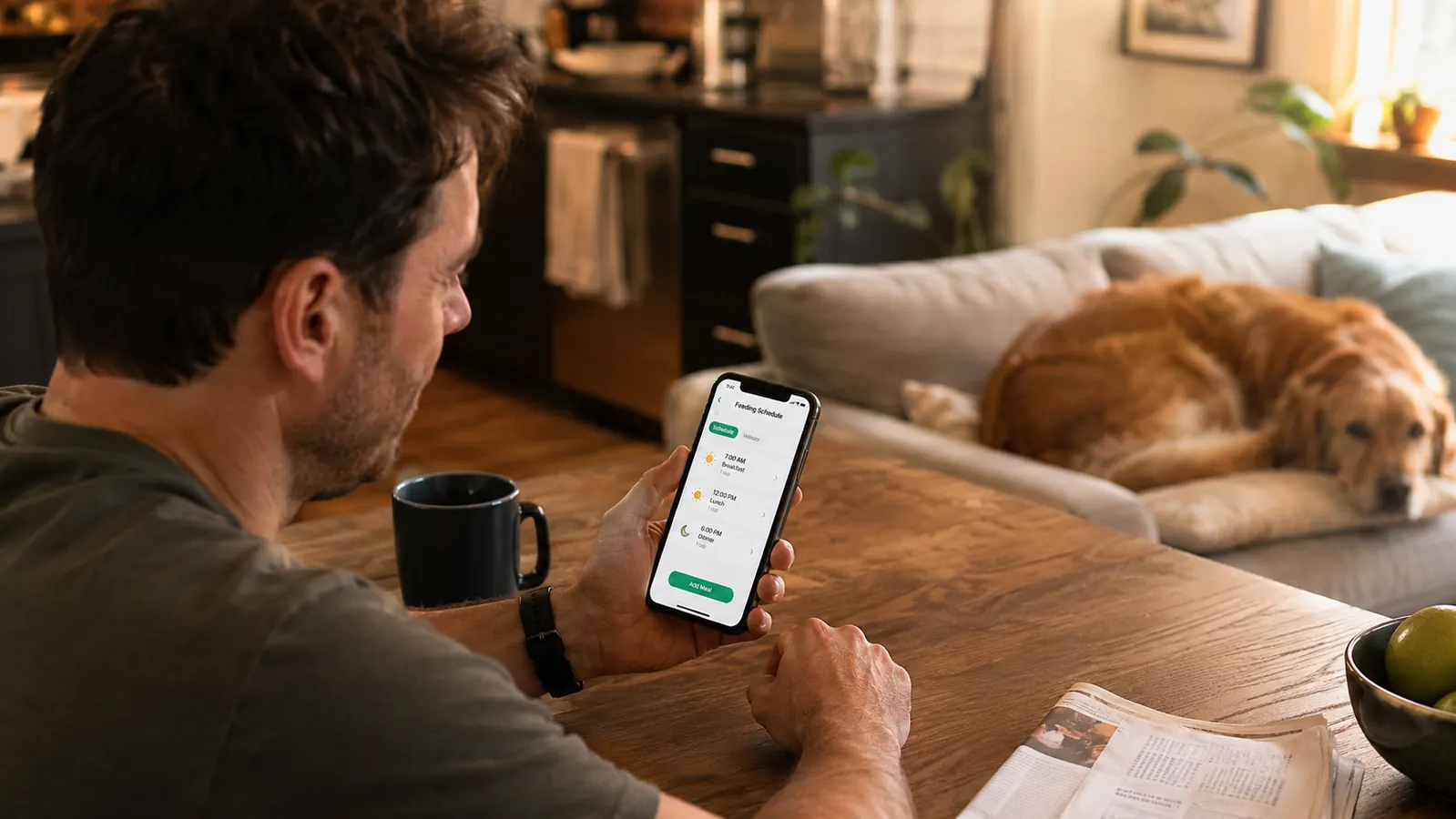 Person setting a timed pet feeder schedule on a smartphone app while a dog watches from the couch behind them