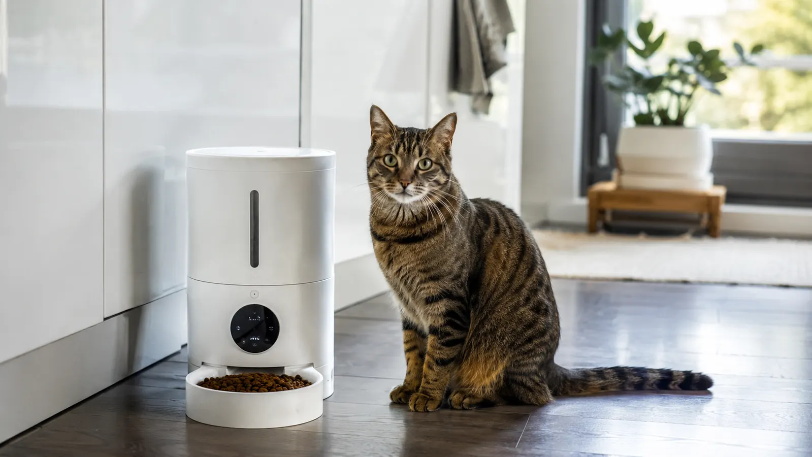 Automatic timed pet feeder dispensing kibble into a bowl while a tabby cat waits nearby on a kitchen floor