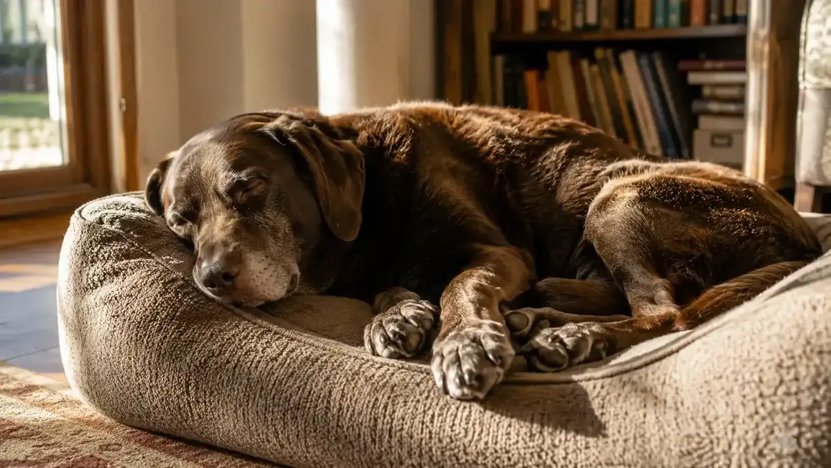 Senior chocolate Labrador resting peacefully on a thick orthopedic dog bed in morning light near a window