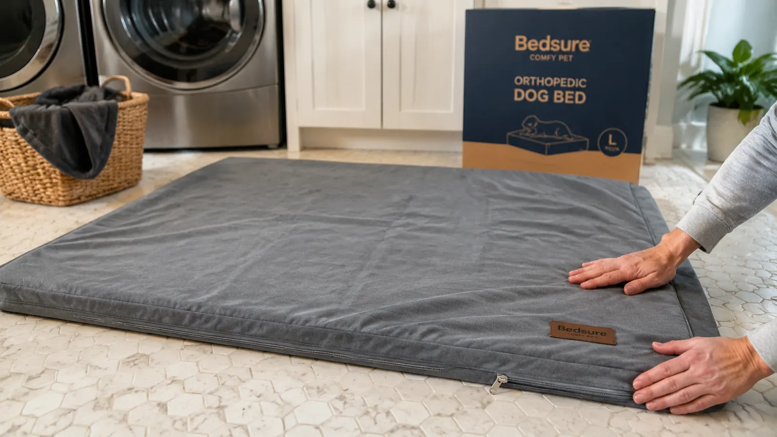 Bedsure orthopedic dog bed cover laid flat on a laundry room floor after machine washing, showing intact zipper and fabric seams