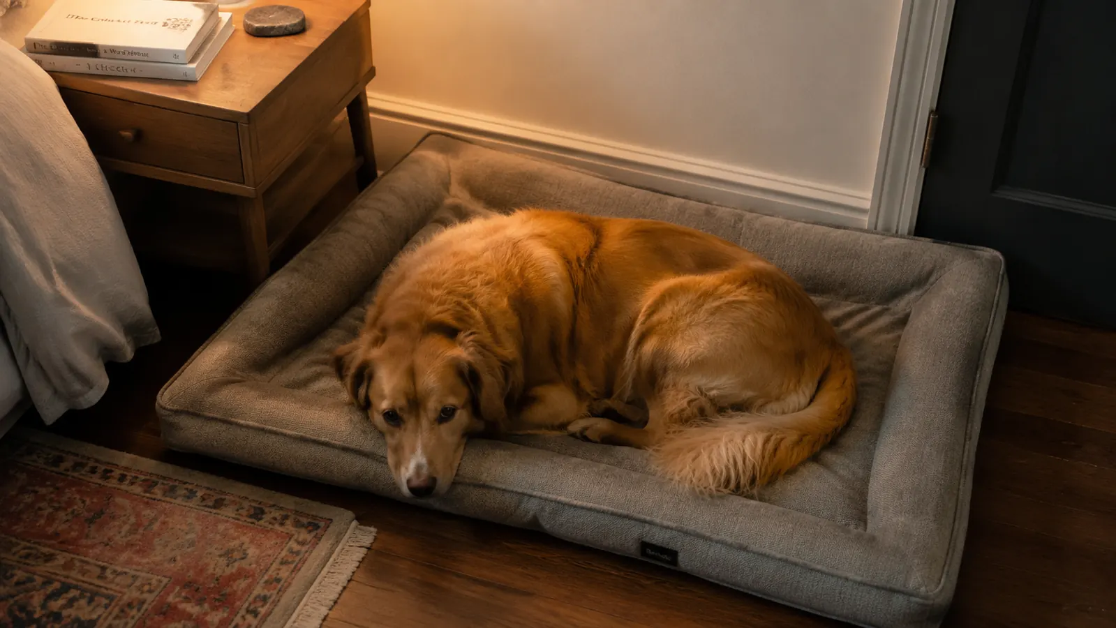 Golden Retriever mix lying on a large gray bolster orthopedic dog bed in a cozy bedroom corner with a reading lamp nearby