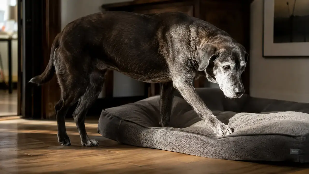 Senior Labrador stepping carefully onto a low-profile orthopedic bolster dog bed, photographed from the side in warm afternoon light