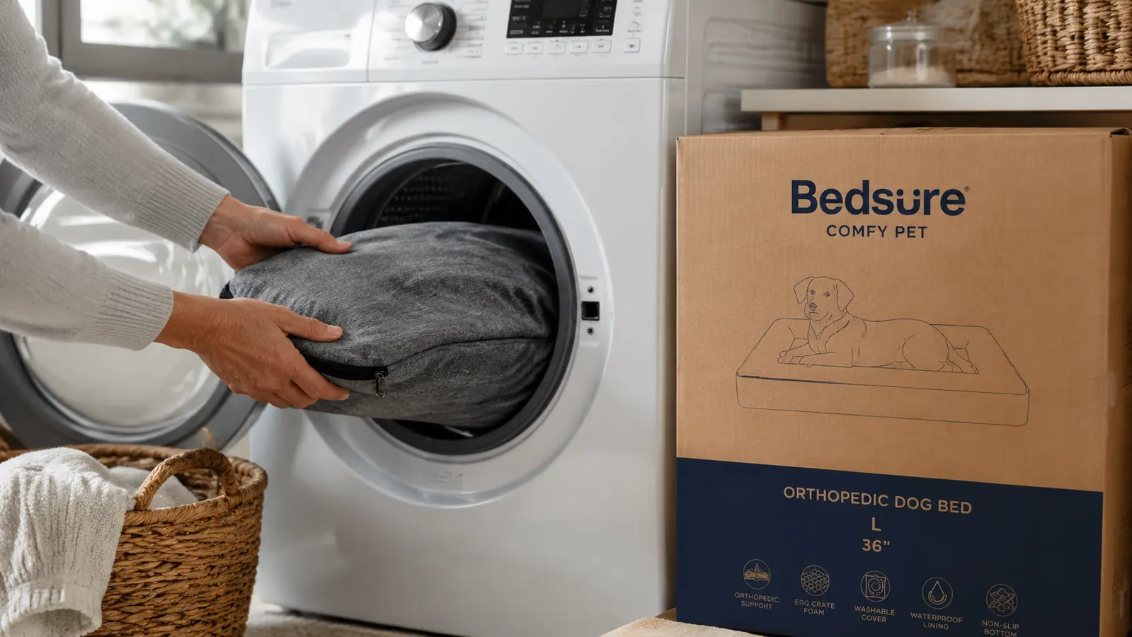 Bedsure orthopedic dog bed cover being loaded into a front-loading washing machine by a person's hands