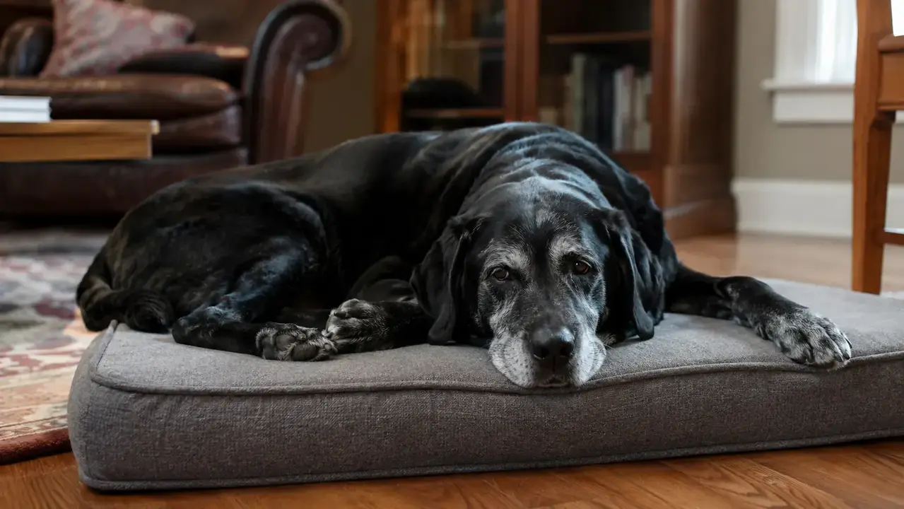 Large senior Labrador resting comfortably on a gray orthopedic dog bed with bolster sides in a sunlit living room