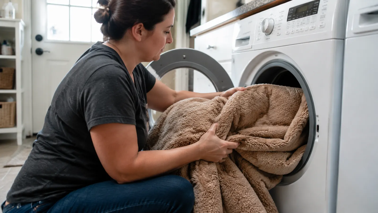 Owner loading a large dog bed cover into a home washing machine