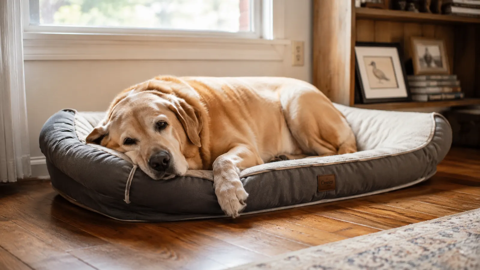 Large senior Labrador resting comfortably on a bolster orthopedic dog bed in a sunny living room