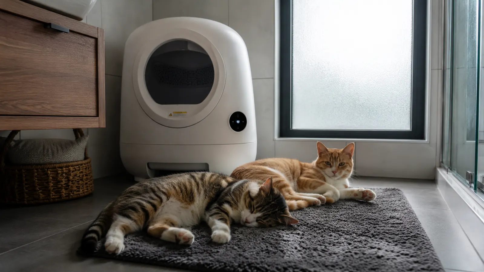 A tidy modern bathroom corner with a sleek automatic litter box tucked beside a plant, two cats resting nearby on a rug