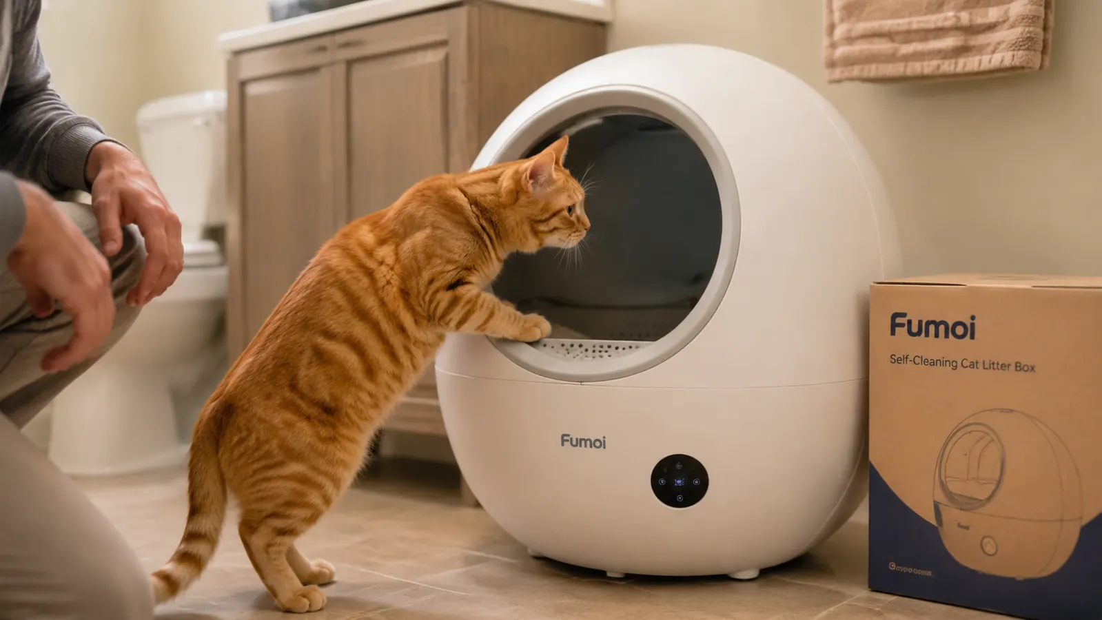 Orange tabby cat sniffing the circular entrance of the Fumoi globe litter box, front paws on the rim, in a home bathroom setting