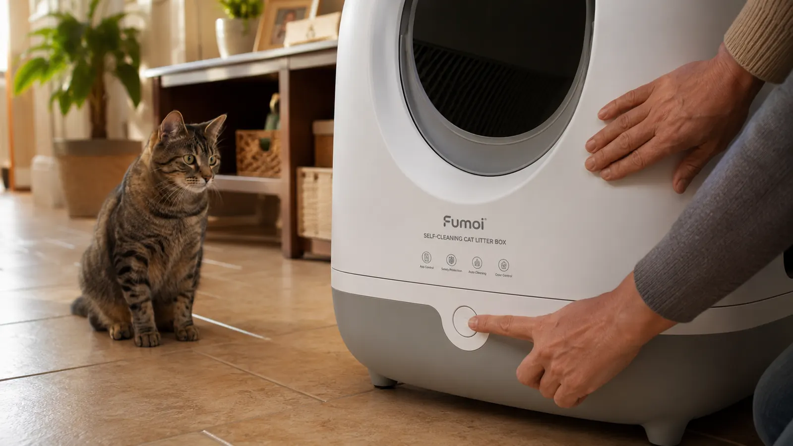 Person pressing the manual clean button on the Fumoi litter box control panel while a tabby cat watches curiously from nearby