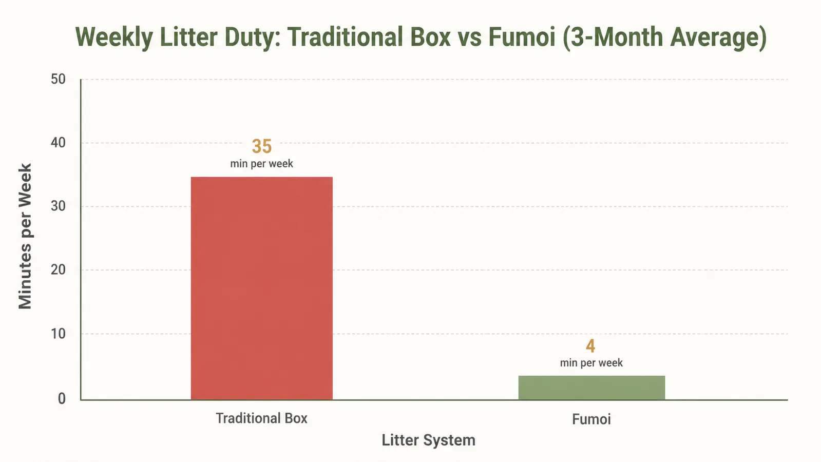 Bar chart comparing average weekly scooping time with a traditional litter box versus the Fumoi self-cleaning box over a three-month period