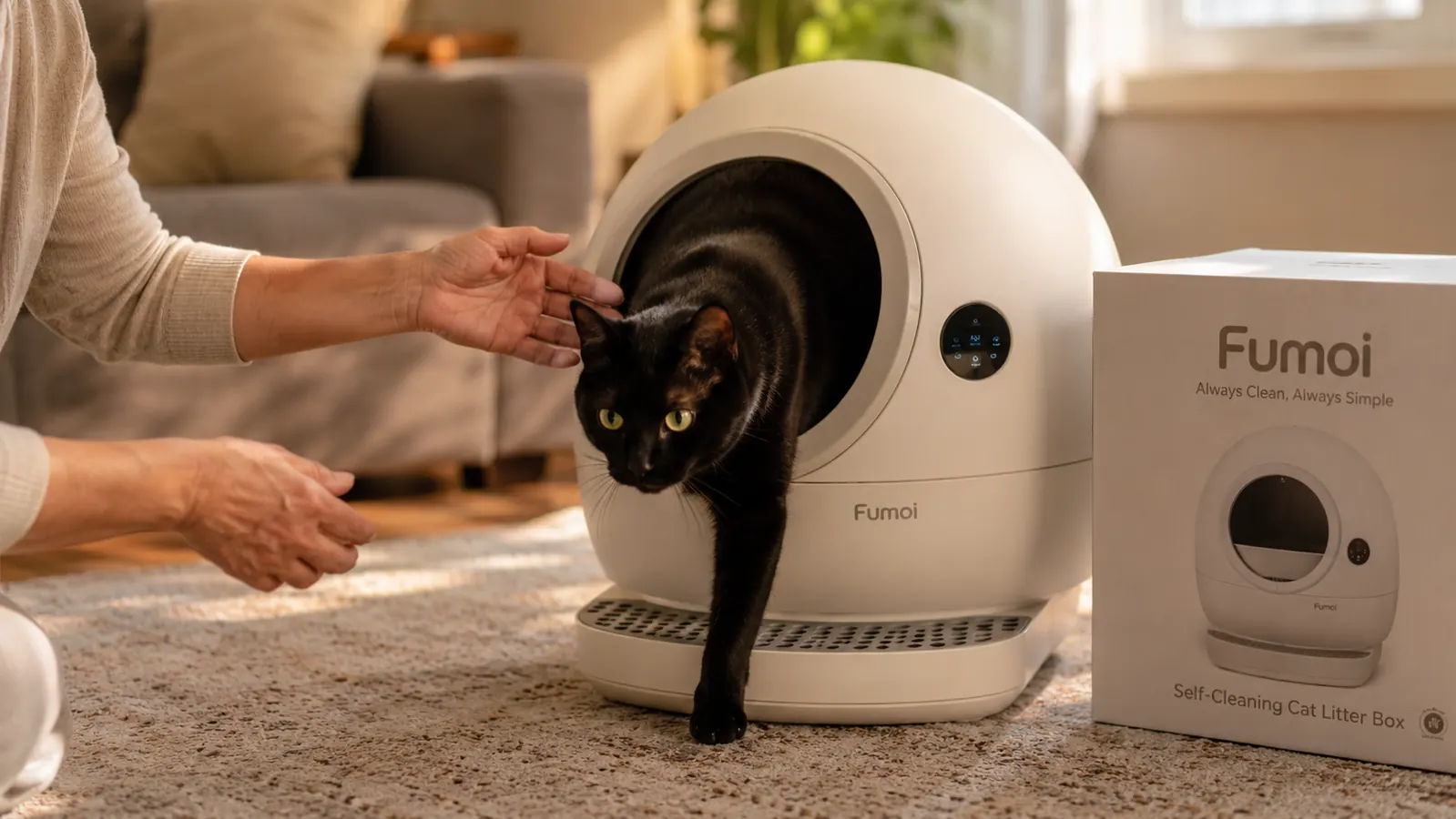Black cat stepping out of the circular entrance of the Fumoi self-cleaning litter box globe, viewed from the side in a warm home environment