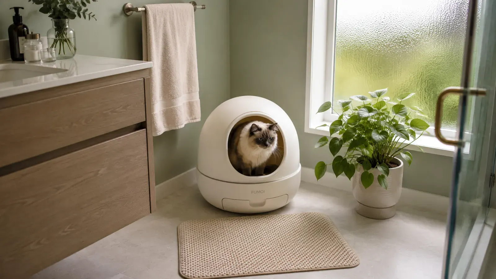 Fumoi automatic self-cleaning litter box in a corner of a clean bathroom with soft morning light coming through a frosted window