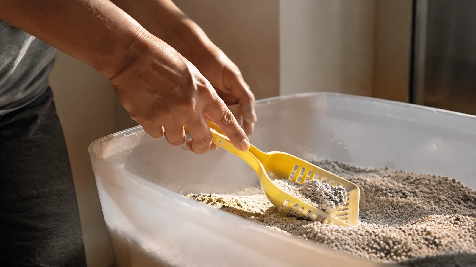 Person scooping a traditional litter box with a plastic scoop, litter dust visible in the air