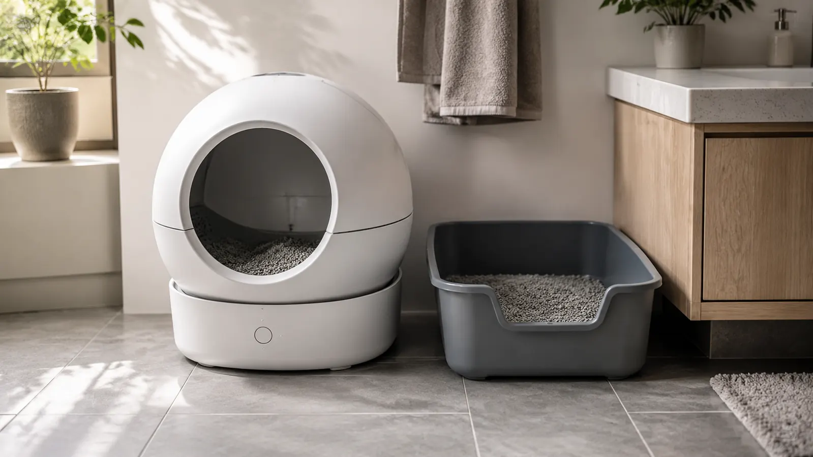 Two litter boxes side by side in a home bathroom, one modern automatic self-cleaning unit and one plain rectangular plastic box