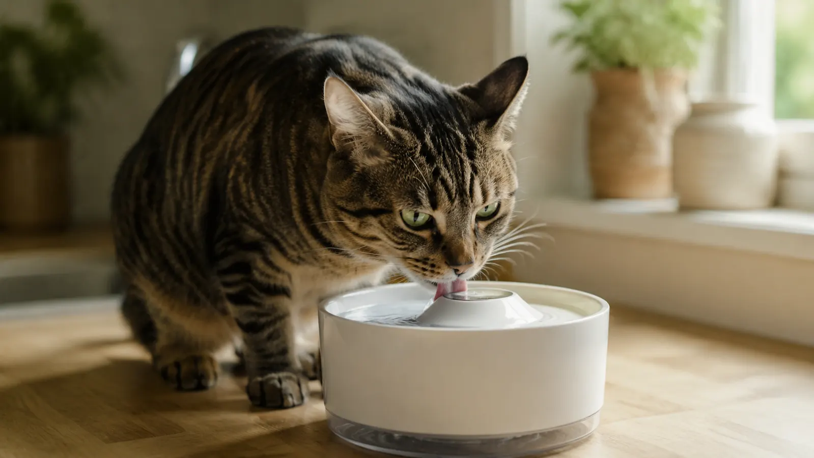 Tabby cat drinking from a flowing pet water fountain on a kitchen counter in warm morning light