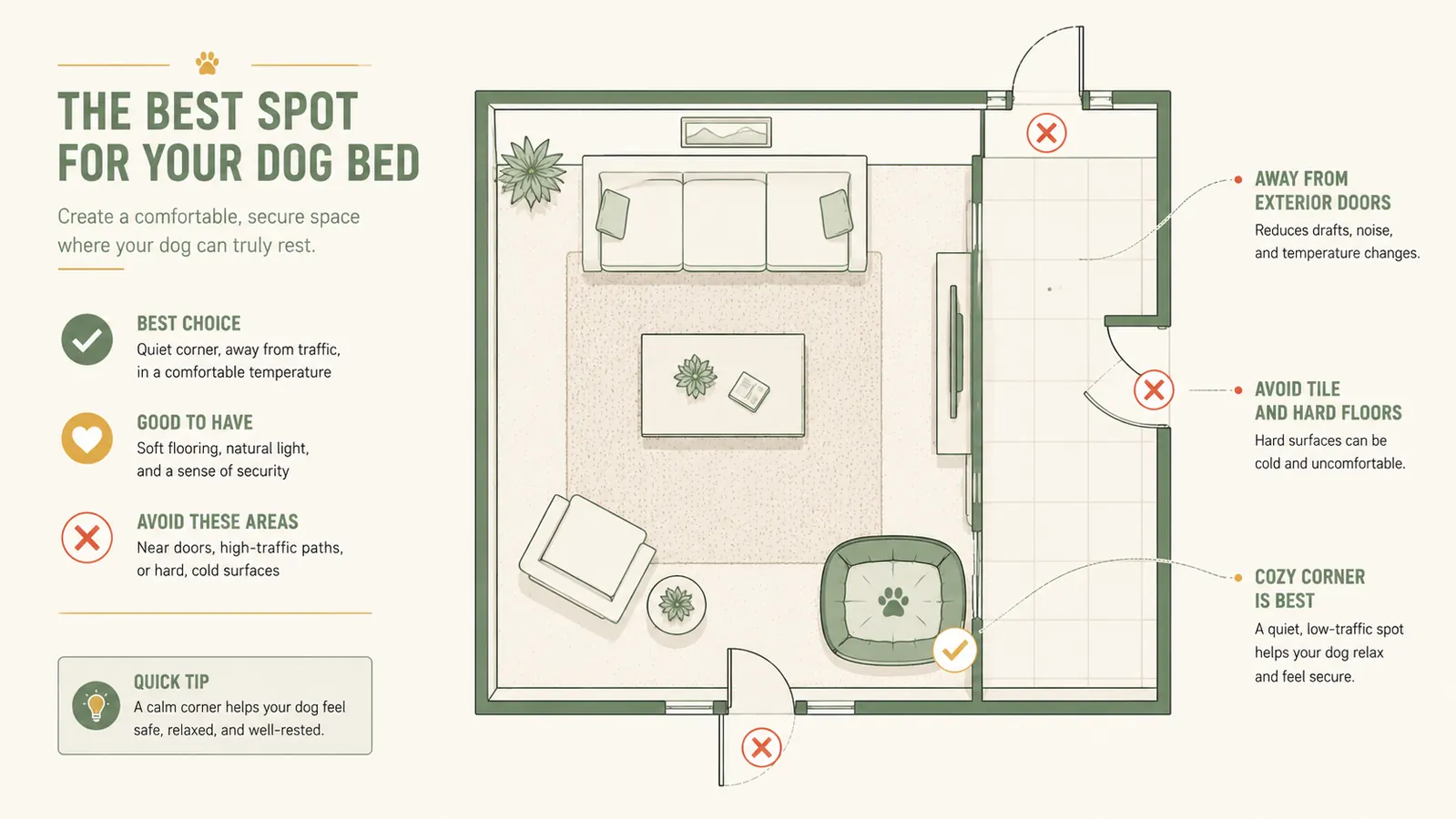 Top-down room diagram showing ideal dog bed placement in a warm interior corner, with red X marks near drafty doors and cold tile areas