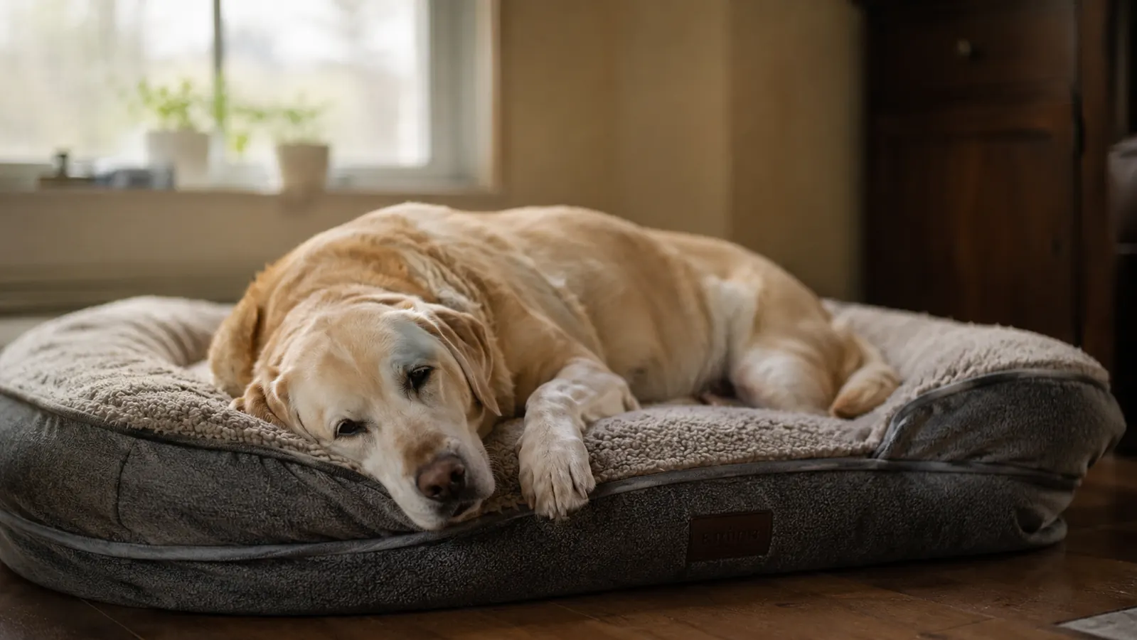 Senior yellow Labrador sleeping soundly on a thick orthopedic dog bed in a sunny living room corner
