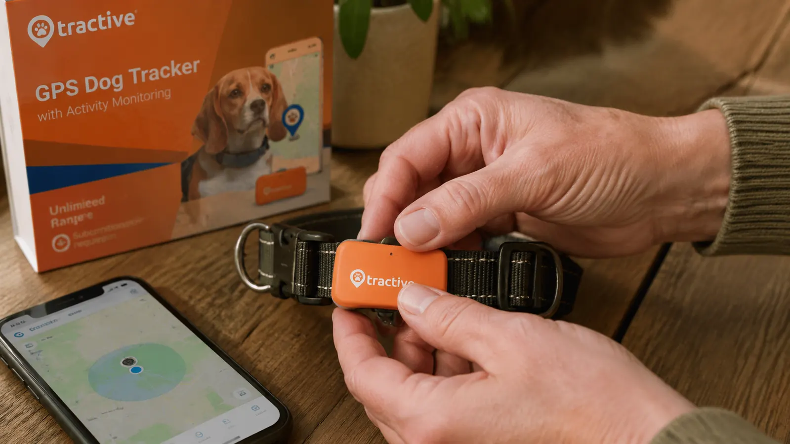 Hand clipping a Tractive GPS tracker onto a dog collar beside a smartphone showing the live map app