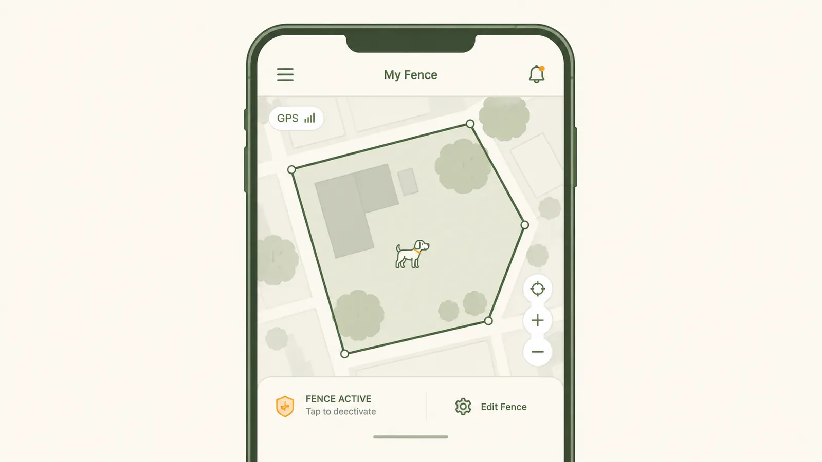 Smartphone screen showing the Tractive app with a drawn virtual fence boundary around a backyard