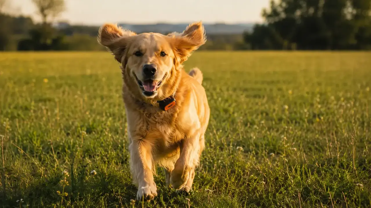 Golden retriever running freely across a sunlit meadow with a small GPS tracker clipped to its collar