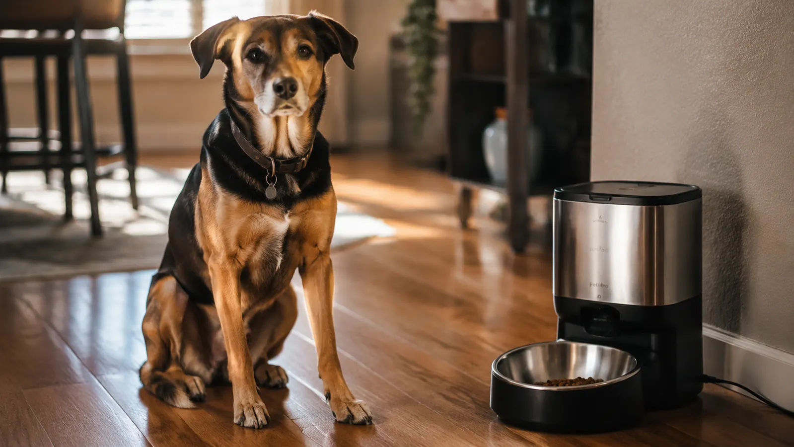 Dog sitting calmly next to an automatic feeder bowl, not anxious or jumping, relaxed posture