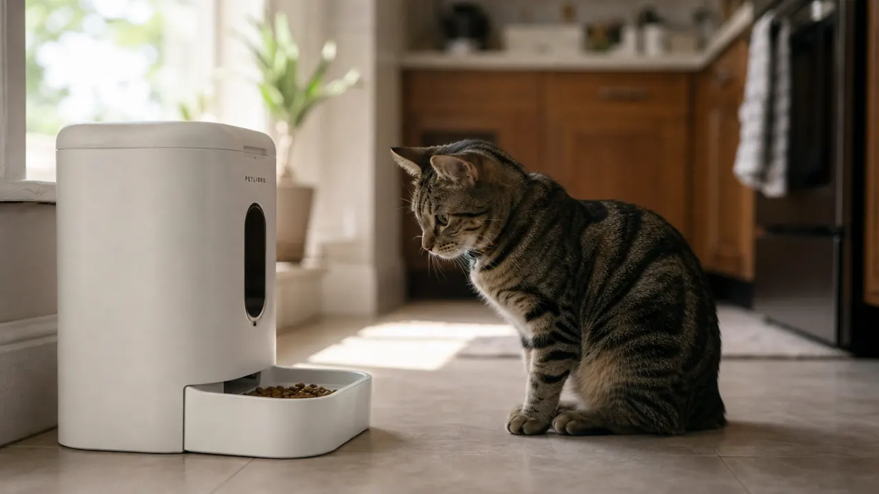 Tabby cat sitting in front of an automatic pet feeder in a tidy kitchen, waiting patiently for a scheduled meal
