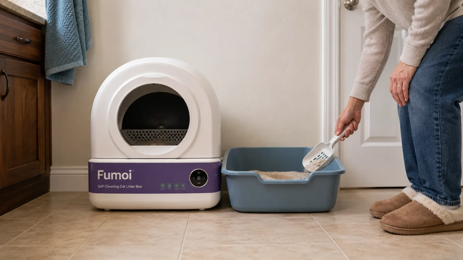 Hand placing the Fumoi self-cleaning litter box next to a traditional open litter box on bathroom tile floor