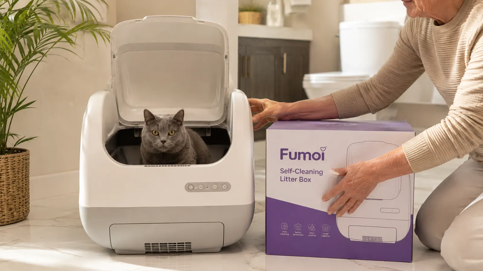 Cat sitting comfortably inside the Fumoi self-cleaning litter box after a successful transition