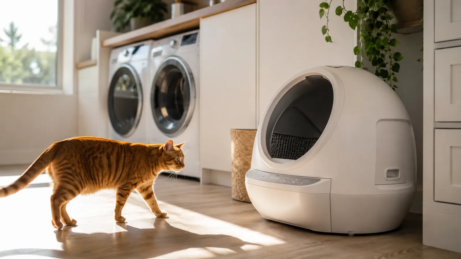 Cat cautiously approaching a modern self-cleaning litter box in a bright laundry room