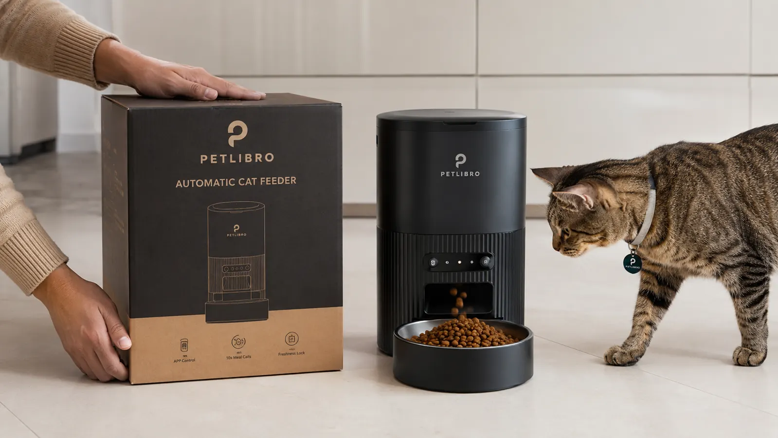 Close-up of a PETLIBRO RFID cat feeder dispensing kibble into a small bowl while a cat wearing a collar sensor waits nearby