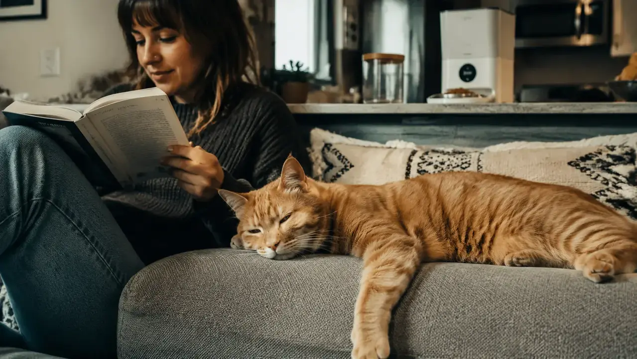 A relaxed, slimmer-looking cat lounging on a couch cushion next to a person reading, a pet feeder visible in the background