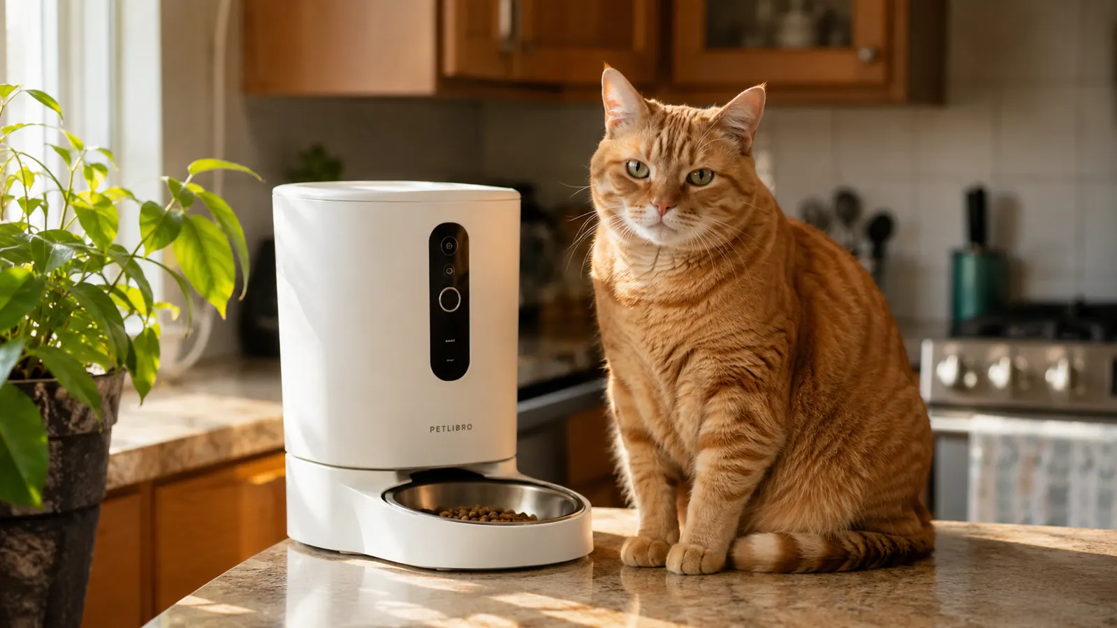 A chubby orange tabby cat sitting beside a white automatic cat feeder on a kitchen counter, morning light coming through a window