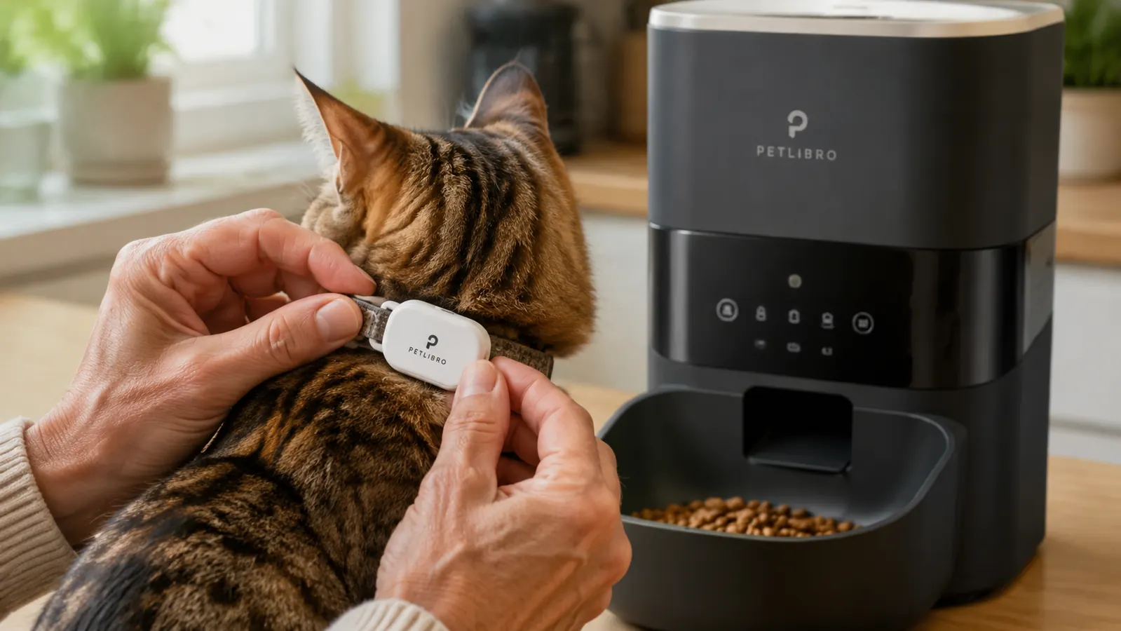 Person's hand holding the small RFID collar sensor tag next to the PETLIBRO feeder, showing the tag size relative to a human palm