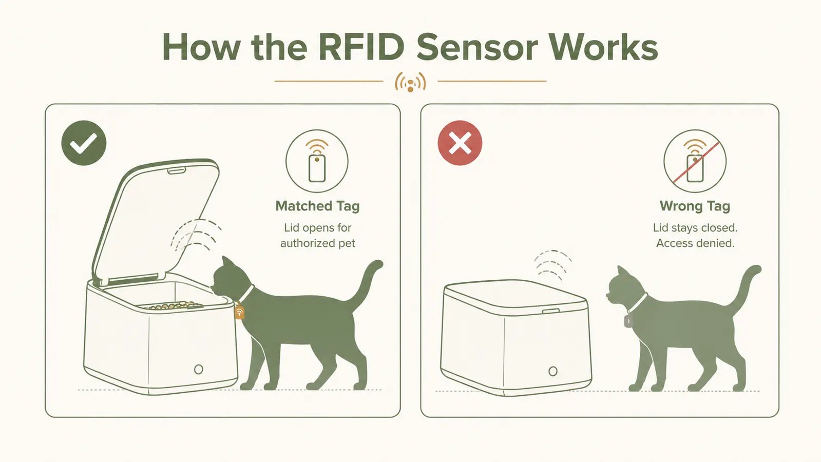 Diagram comparing the PETLIBRO RFID feeder lid open versus closed when the wrong cat approaches, illustrated with two cat silhouettes
