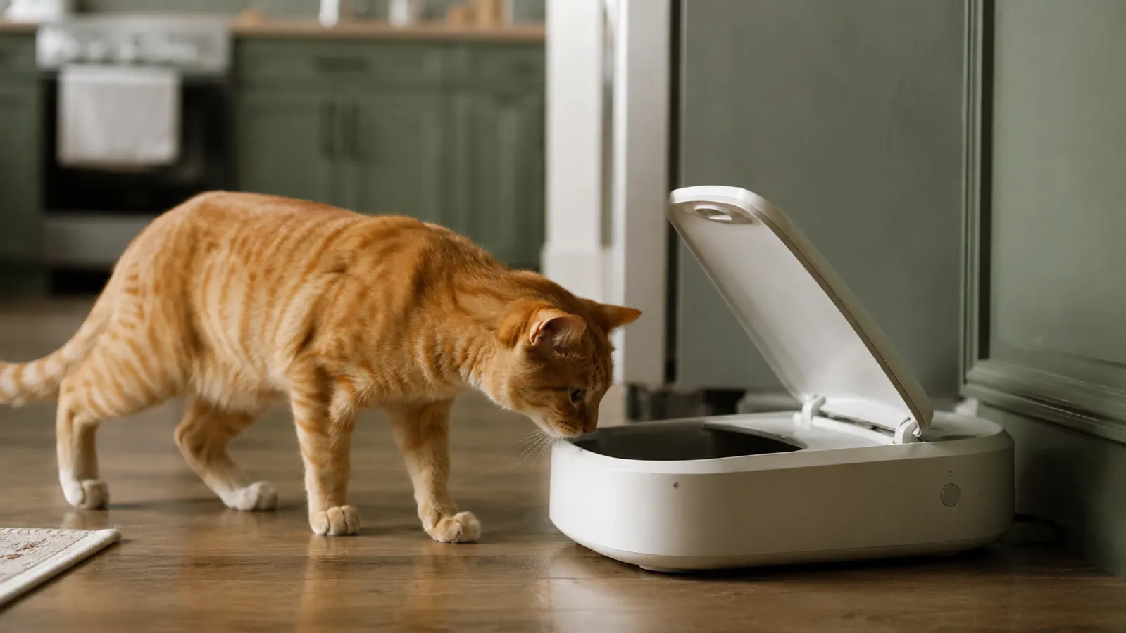 PETLIBRO RFID automatic cat feeder on a kitchen floor, lid open, with an orange cat sniffing the bowl