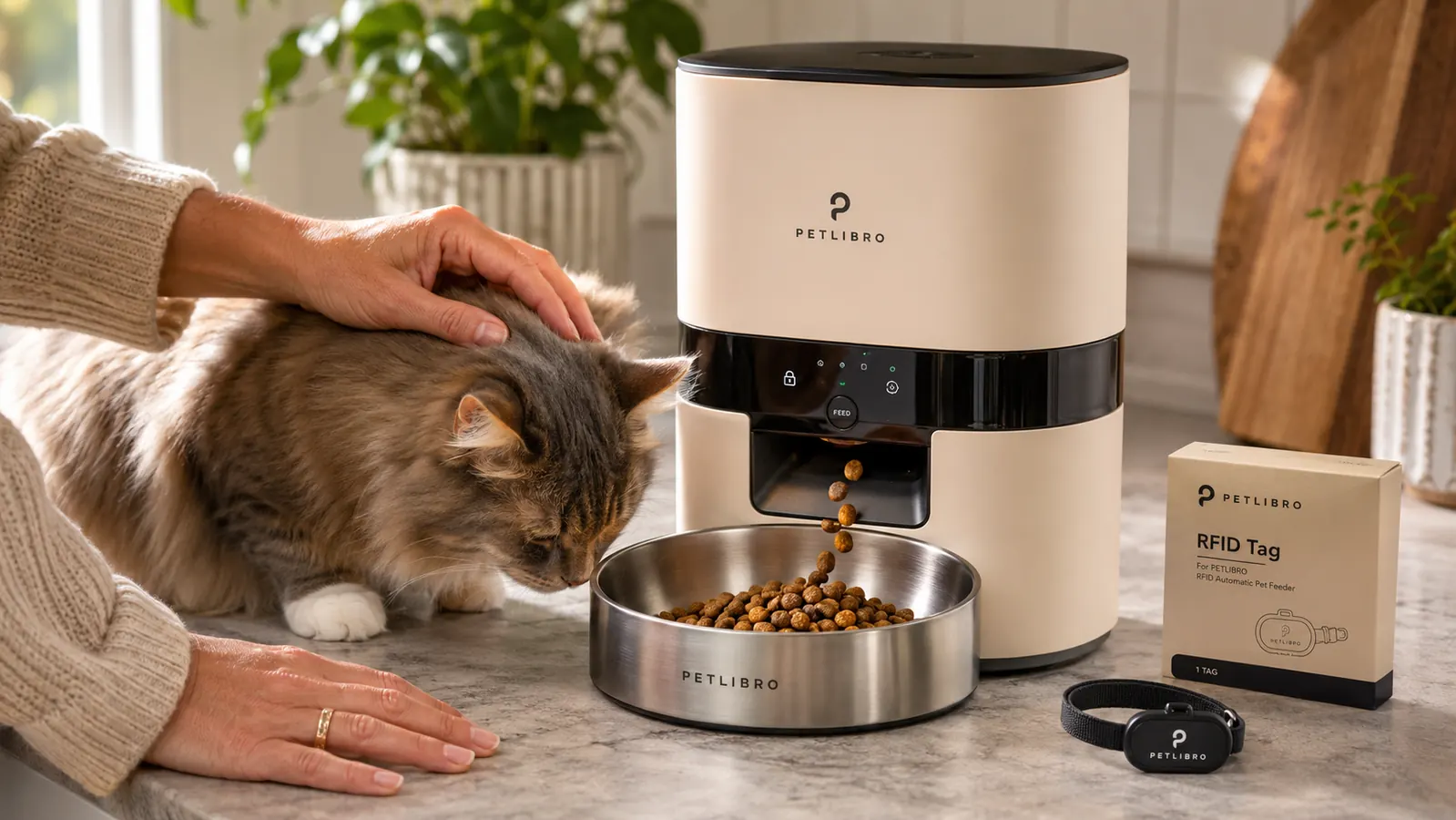 Close-up of the PETLIBRO RFID feeder dispensing kibble into the bowl, with the collar sensor tag shown nearby