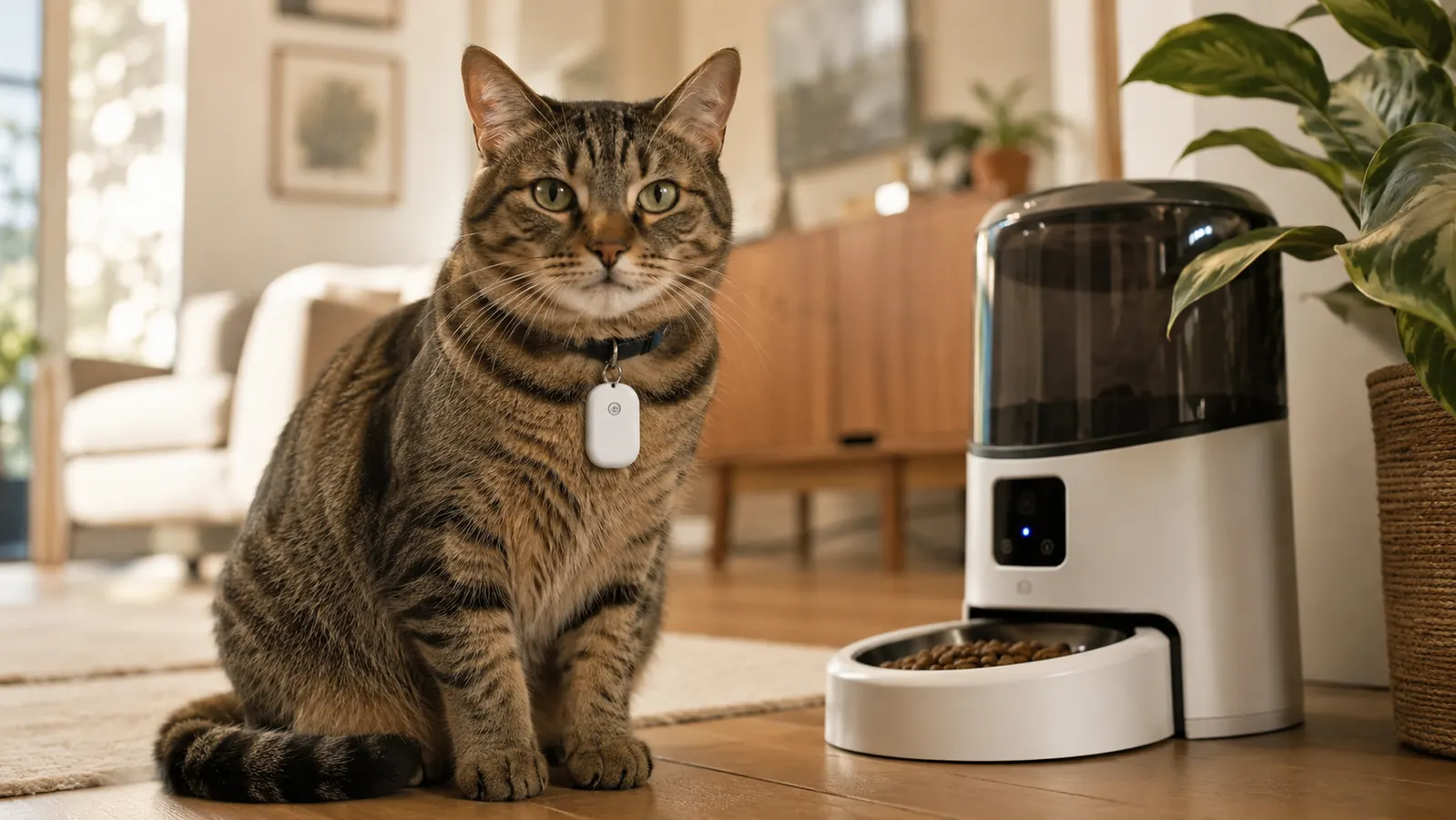Cat wearing a small RFID collar tag, sitting patiently near the feeder waiting for a scheduled meal