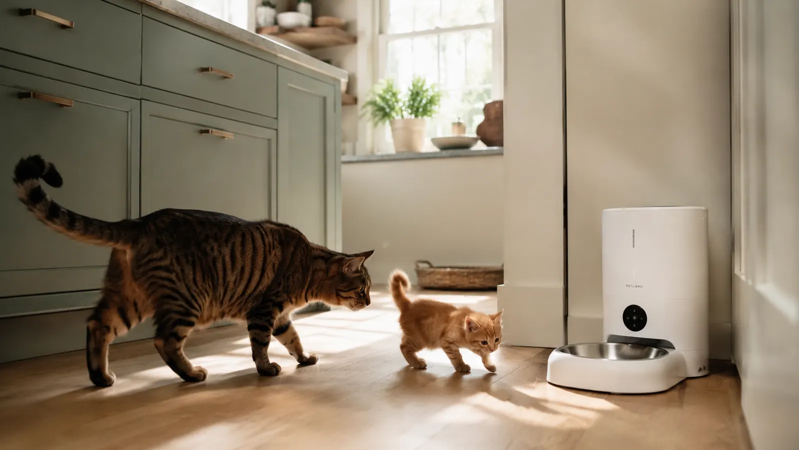 Two cats approaching the PETLIBRO RFID automatic feeder in a bright kitchen, collar sensors visible on their collars