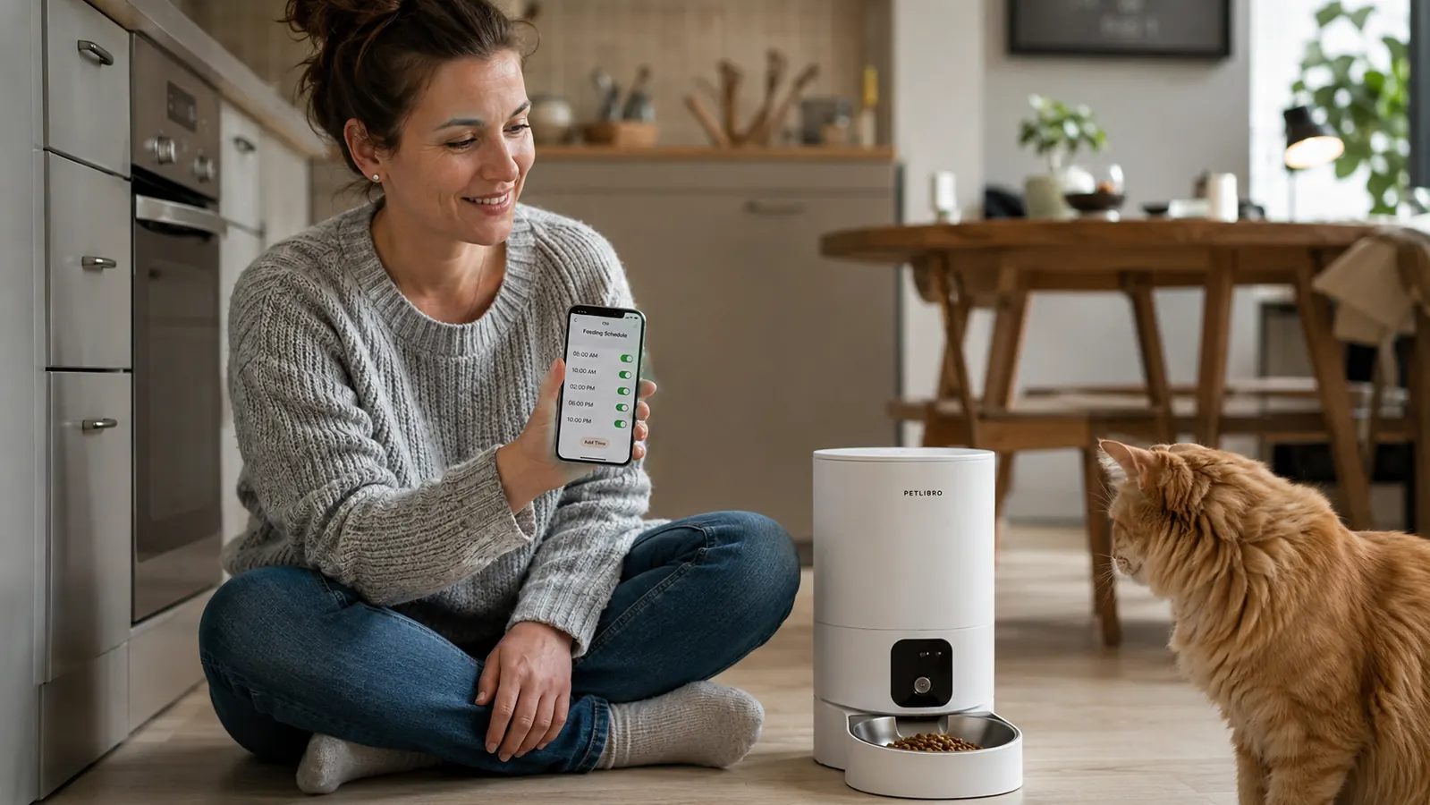 A cat owner setting up the PETLIBRO feeder app on a smartphone while a cat sits nearby