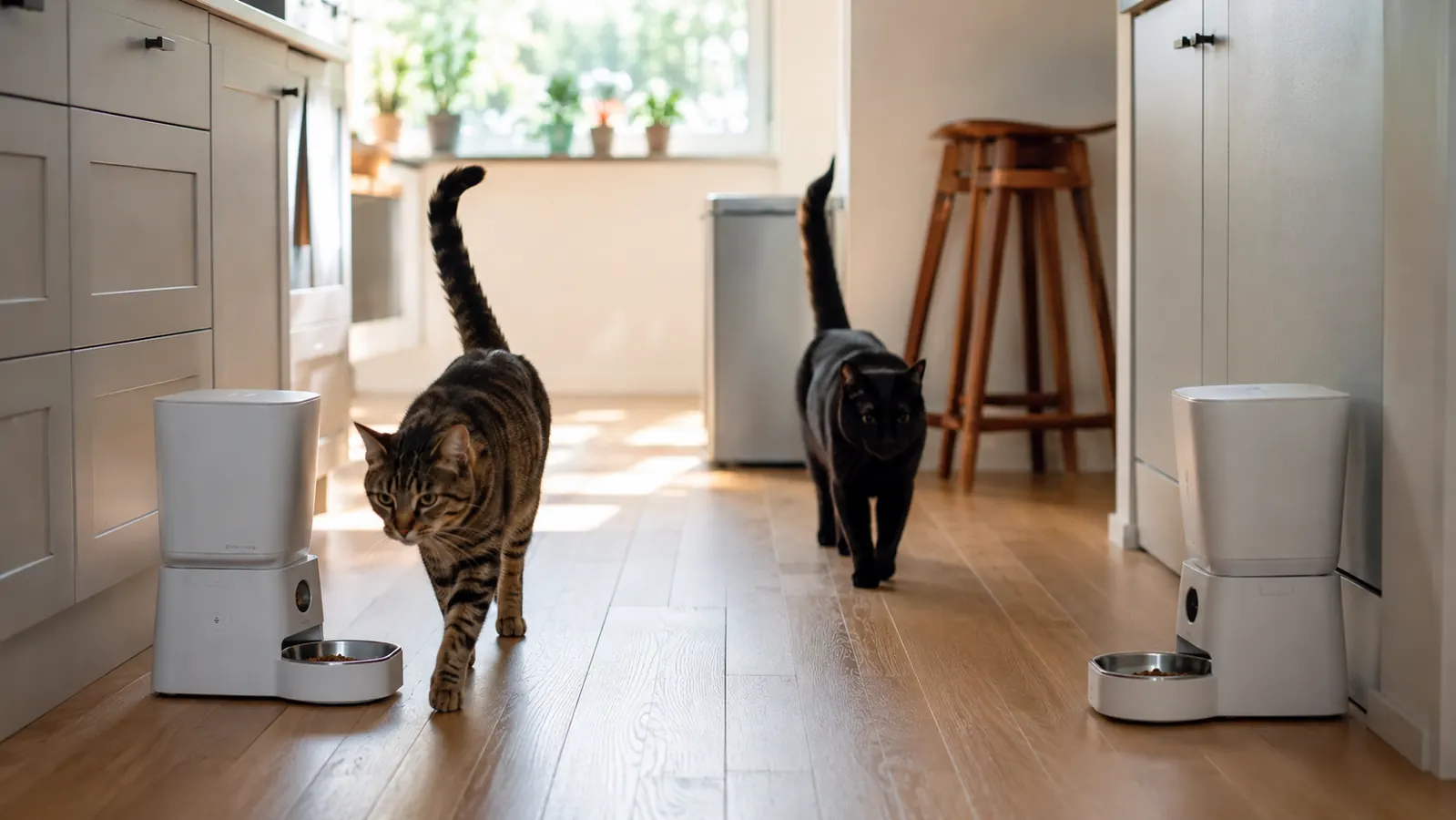 Two cats approaching separate automatic pet feeders on a kitchen floor
