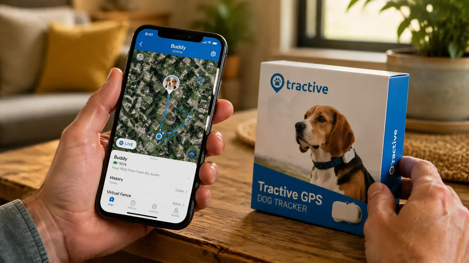 Smartphone screen showing the Tractive app live location map with a dog icon and movement trail